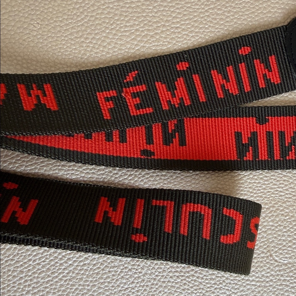 Clare V dark green/black Strap with orange-red Woven Text and Gold Hardware - Picture 3 of 4